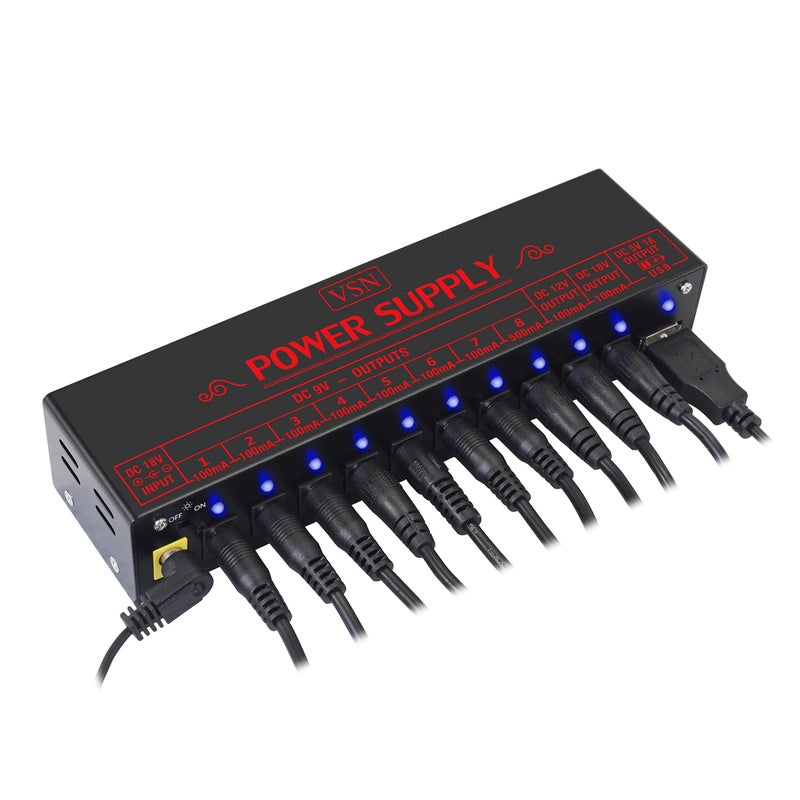 VSN Guitar Pedal Power Supply 10 Isolated DC Output for Power Supply 9V/12V/18V DC Outputs & USB Charging Port with Short Circuit/Overcurrent Protect - Image 2